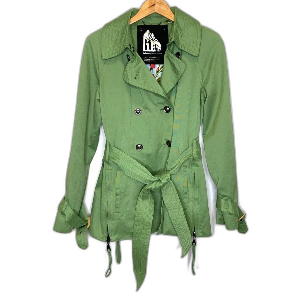 G.E.T. Green Short Double Breasted Trench‎ Coat Performance Outerwear Size Small